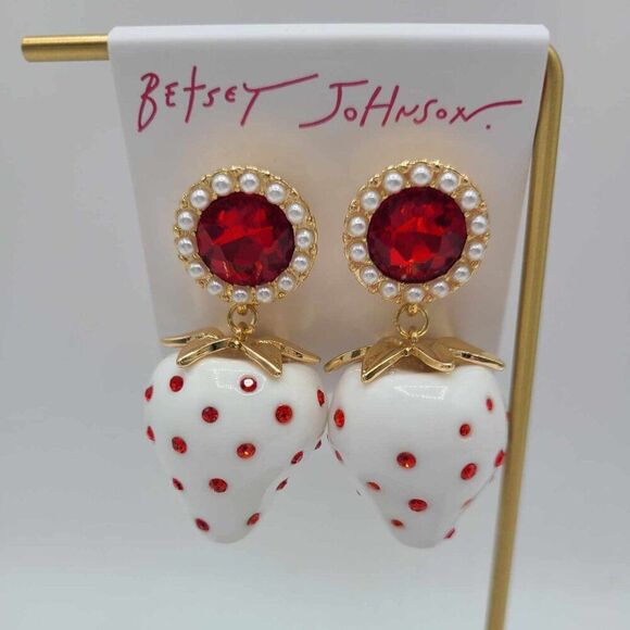 Betsey Johnson White Red Enamel Strawberry Red Crystal Earrings NWT! - Picture 5 of 8